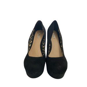 Olsenboye Women Size 8 Black Suede Bird Print Lining Wedge Platform hi-heel pump